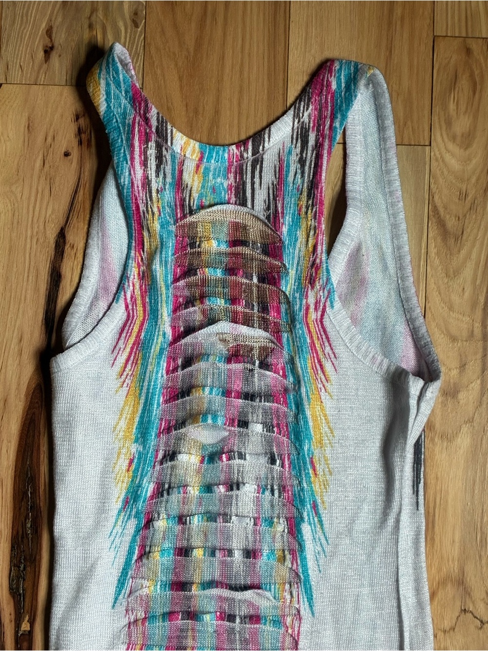 chic White Tank Top with Turquoise Pink Yellow and Gray Fringe - Picture 3 of 4